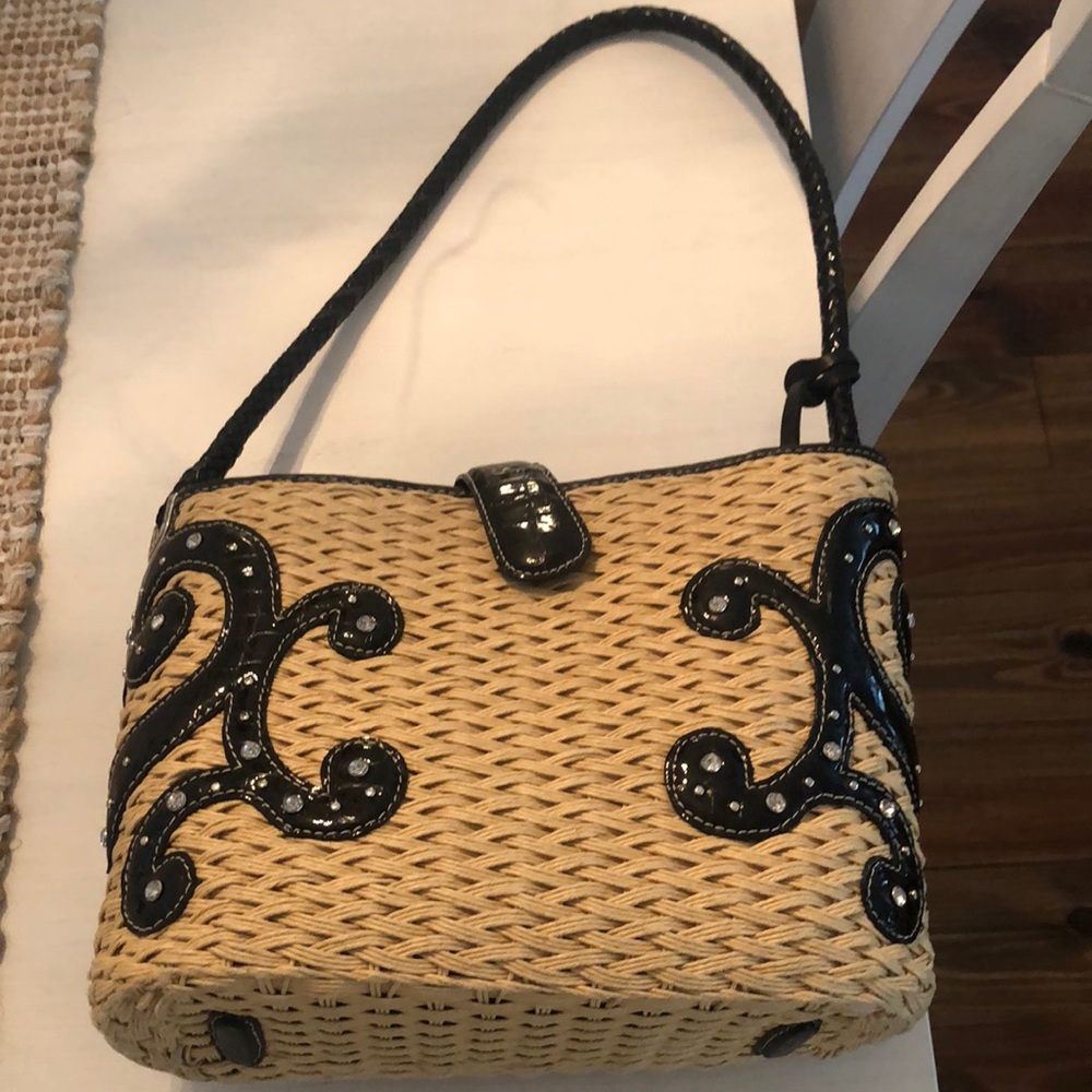 Brighton Valentina Woven Patent Leather Shoulder Tote Bag Rhinestone Bling
